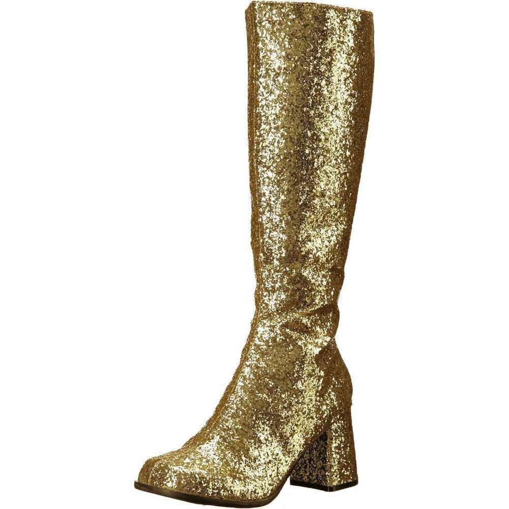 Women's Gogo-g Sparkly Gold Glitter Knee High Boots with Chunky Block Heel